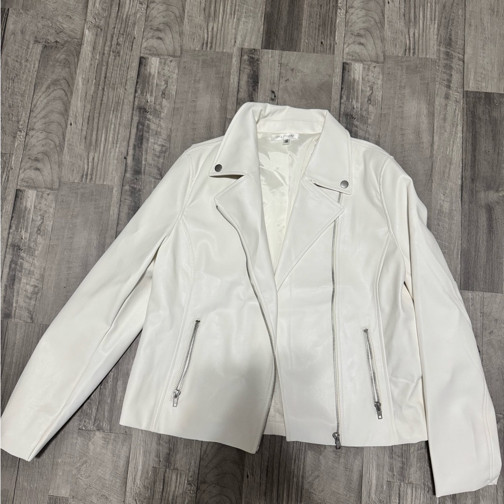 White Leather Moto Jacket with Asymmetrical Zipper and Notched Lapel